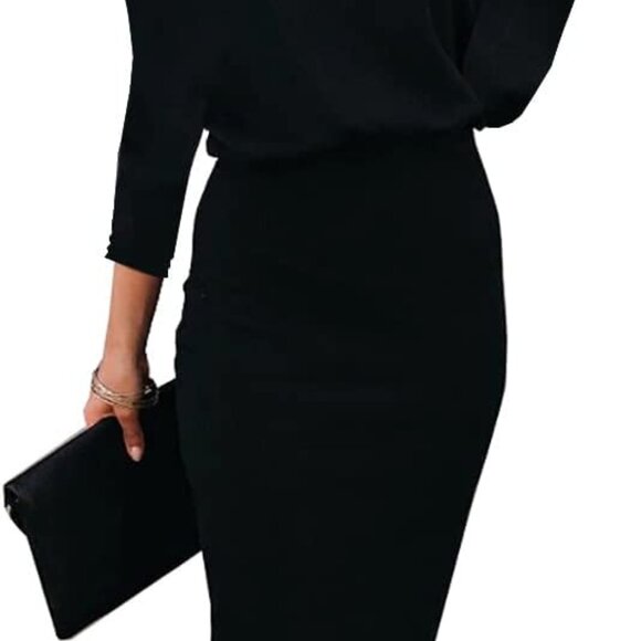 Elegant Off-The-Shoulder Batwing Midi Dress in Black - Women's Bodycon Style - Picture 1 of 4